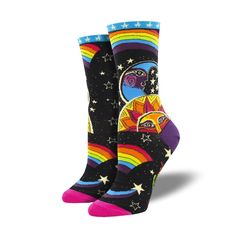 Celestial Joy Socks by Socksmith are the perfect gift for that socks lover in your life. These space themed womens crew socks come in multiple color Options and fit U.S. women's shoe size 5-10.5. Made of 49% Nylon, 48% Cotton, 2% Other, 1% Spandex for comfort and durability. A pair of these cool Space novelty Socks will certainly give any wardrobe an instant upgrade. Machine Wash Cold, Do Not Bleach, Tumble Dry Low Sock Lovers, Fun Socks, Sock Drawer, Apparel Merchandising, Rosie The Riveter, Socks For Women, Women's Socks, Crazy Socks, Laurel Burch