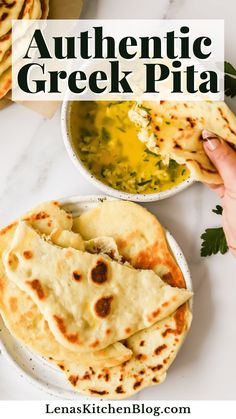 authentic greek pita bread is served with olive oil and parsley on the side