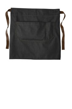 a black apron with brown straps on the front and side pockets, in dark denim