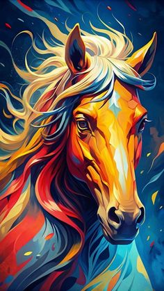 a painting of a horse's head with long hair and flowing paint on it