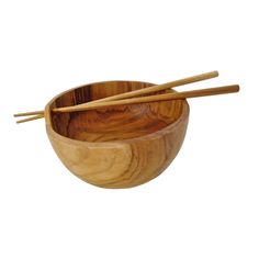 two wooden bowls with chopsticks in them