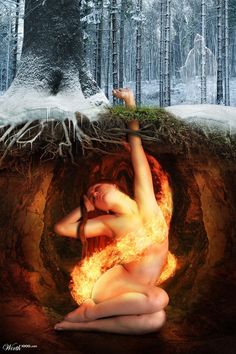 a naked woman sitting in the middle of a forest with fire coming out of her body