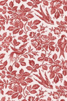 a red and white floral wallpaper with birds