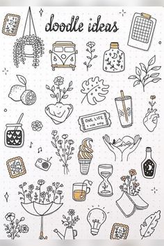 doodle sketches with flowers, plants and other things in them on a sheet of paper