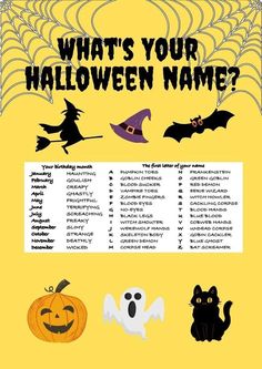 a halloween poster with the words what's your name?