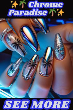 These chrome nails with palm tree accents are pure vacation goals! ☀️ Find more dazzling chrome nail designs on   www.hauserinfo.com,nailart,nails,naildesigns,nailinspo,manicure,beauty,fashion,style,gelnails ,acrylic nails,nail art designs,geometricnails,floralnails,frenchmanicure,ombrénails ,marblenails,summernails,winternails,holidaynails,weddingnails,valentinesnails ,rednails,pinknails,bluenails,nudenails,blacknails,springnails Chrome Cross Nails Designs, Cajun Shrimp Nails With Chrome, Futuristic Chrome Nails, Peacock Chrome Nails, Blue Mermaid Chrome Nails, Ombre Chrome Nails, Palm Tree Nails, Chrome Nail Powder, Chrome Nail Art