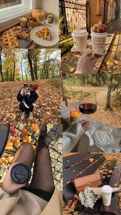 a collage of photos with food and drinks on the ground in fall colors, including leaves