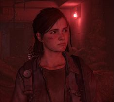 the last of us character standing in a dimly lit room with red light behind her