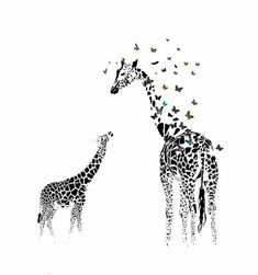 two giraffes are standing next to each other with butterflies flying around them