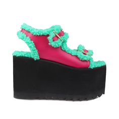 Vegan leather upper with faux fur man made sole Ankle buckle closure Heel measures approx. 4.25" H Platform measures approx. 3.25" H Imported Fantastic Shoes, Black Camel, Stylish Sandals, Trending Sneakers, Fuchsia Color, Winter Looks, Firefly, Platform Heels, Sock Shoes