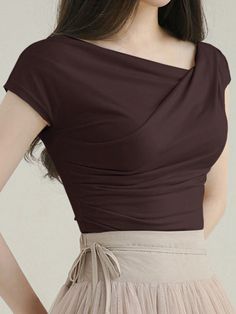 Women's Summer Solid Color Asymmetrical Collar Slim Short Sleeve T-Shirt Chocolate Brown Casual  Sleeveless Knitted Fabric Plain  Medium Stretch  Women Clothing, size features are:Bust: ,Length: ,Sleeve Length: Flattering Shirts For Small Bust, Hourglass Shaped Shirts, Asymmetrial Shirt, Chocolate Shirt, Women Casual Outfits, Sleeveless Shirt Women, Asymmetrical Collar, Asymmetrical Shirt, Brown T Shirt