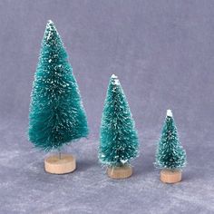 three small christmas trees on wooden bases