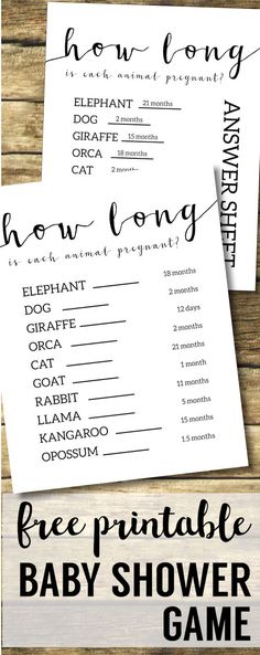 two printable baby shower game cards with the words, how long and how long?