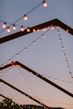 string lights hang from the roof of a tent