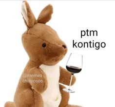 a stuffed animal holding a wine glass with the caption, nola bayas a romper jijd toda tu mandarna