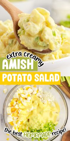 an image of potato salad in a bowl with the title text overlay above it that reads, extra creamy amish potato salad