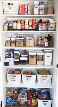 an organized pantry with lots of food and containers on the shelves, including cereals