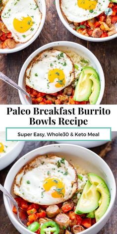 These Paleo breakfast burrito bowls are loaded with goodies! Savory all natural chicken sausage, peppers, onions, and seasoned cauliflower rice topped with sliced avocado and eggs. These delicious breakfast bowls are low carb, Whole30 compliant and super easy to throw together! Paleo Breakfast Burrito, Breakfast Burrito Bowls, Medicine Tips, Whole30 Keto, Whole 30 Diet, Breakfast Burrito, Burrito Bowls