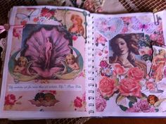 an open book with pictures of women and flowers on the pages, sitting on a table