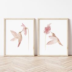 two framed art prints with pink flowers and hummingbirds in flight, on a chevron wood floor