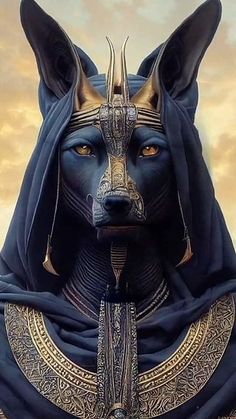 an egyptian cat with gold eyes and headdress, standing in front of a cloudy sky