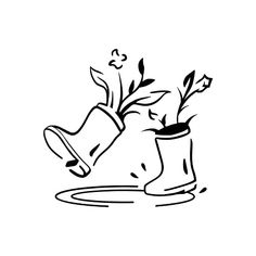 a black and white drawing of flowers in a watering can