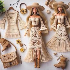 two dolls wearing straw hats and dresses next to handbags, purses and shoes