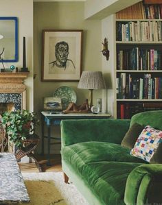 a living room filled with furniture and a fire place in front of a book shelf