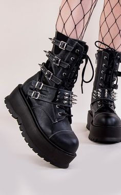 SLACKER-165 Vegan Leather Ankle Boots-Demonia-Tragic Beautiful Punk Boots Aesthetic, Alt Platform Boots, Metal Outfits Women, Alt Boots, Black Boots Aesthetic, Boots With Spikes, Gothic Platform Boots, Metal Boots, Sepatu Platform