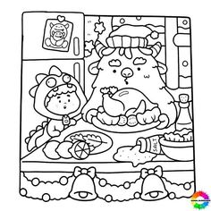 a coloring page with an image of a cat and dog in the kitchen, one is eating