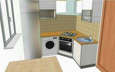 a drawing of a small kitchen with an oven and sink