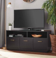 a flat screen tv sitting on top of a black entertainment center next to a potted plant