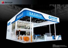 an exhibition stand with white and blue accents