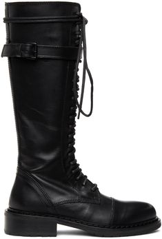 Knee-high polished calfskin tall boots in black. Round toe. Tonal lace-up closure. Adjustable strap with pin-buckle fastening at collar. Zip closure at sides. Tonal leather lining. Tonal treaded rubber sole. Tonal hardware. Supplier color: Black Ann Demeulemeester Boots, Black Francis, Suede Clutch, Leather Lace Up Boots, Ann Demeulemeester, Black Leather Bags, Boots Knee, Tall Boots, Lace Up Boots