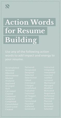 the action words for resume building are shown in this graphic above it is an info sheet with