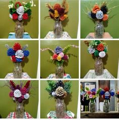 several pictures of different flowers in vases made out of pine cones and other things