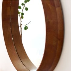 a round mirror with a plant in it