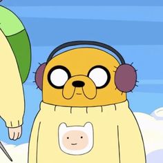 a cartoon character with headphones standing next to another character