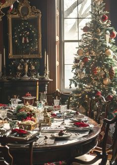 a dining room table set for christmas dinner