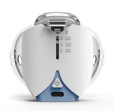 a white and blue toaster sitting on top of a counter