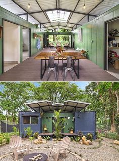 the inside and outside of a house that has been converted into an outdoor dining area