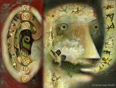 an artistic painting of a sheep with numbers on it's face next to a clock