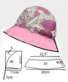 a pink and white hat is shown with measurements for the top, bottom and side