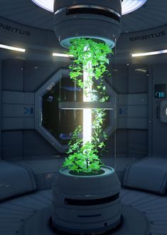 a futuristic room with plants growing in it