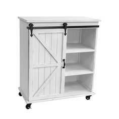 Combine style and function with this farm house styled multi use storage cabinet with sliding rustic barn door design. This will look great in your kitchen or other rooms in your home and features a distressed white finish on solid wood. Multi functional five fixed shelves and locking casters for mobility. OSHOME Decorative storage Traditional Wood Pine Sideboard in White | 477001 Barn Door Storage, Shelving Cabinet, Antique White Furniture, Tall Decor, Barn Door Cabinet, White Barn Door, Built In Pantry, Barn Style Sliding Doors, Wall Office