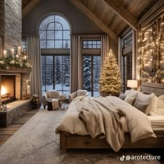 a bedroom decorated for christmas with lights on the windows and a fireplace in the corner