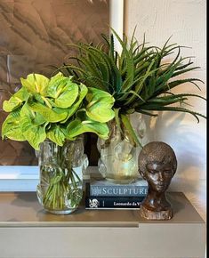 two vases filled with green plants sitting on top of a table next to a book