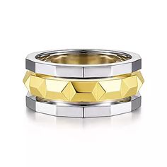 two tone gold and silver wedding bands with hexagons on each side,