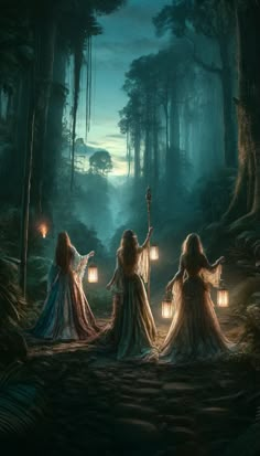 three women dressed in medieval dress holding lanterns and walking through the woods at night with lights on