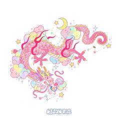 a drawing of a pink dragon with stars and clouds on it's back side